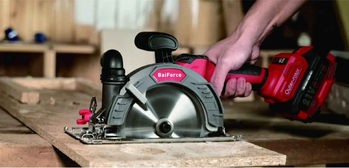 BaiForce circular saw cutting wood in a workshop